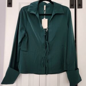 Woven Tie-Front Long Sleeve Top - Deep Teal Green